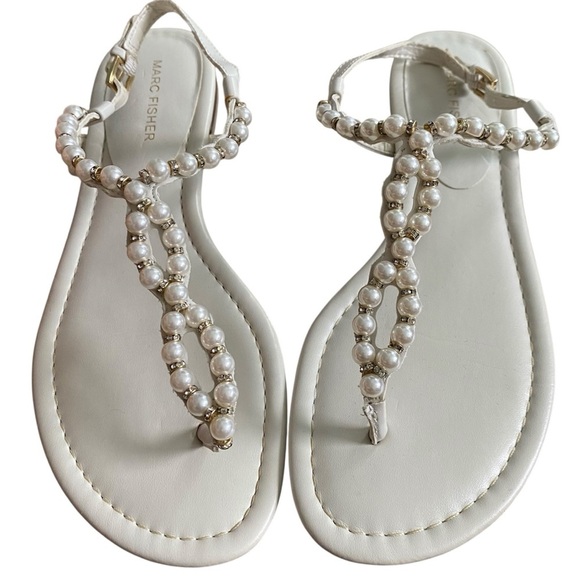 Marc Fisher Women's Pearl Embellished White Sandals 8.5 Resortwear Wedding Beach - Picture 9 of 11